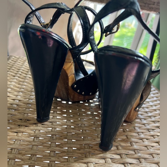 Vintage 70s SWEET DREAMS by CHEROKEE leather wood heels navy 7-7.5 sling back - Picture 6 of 6